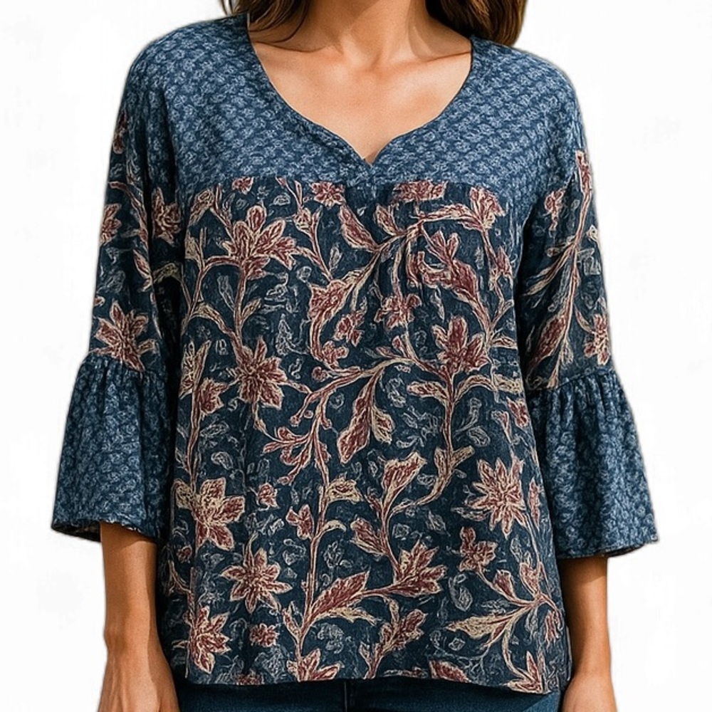 Floral Blue Women's Top with bell sleeves